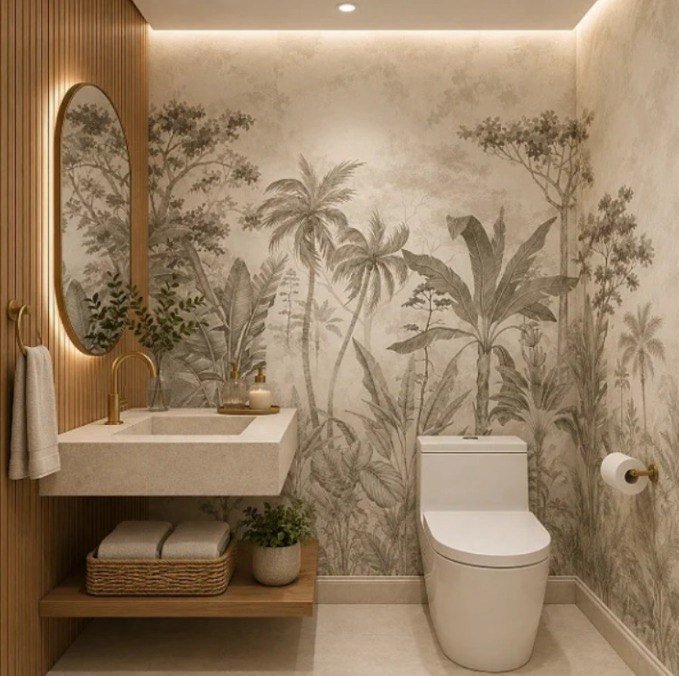Lavabo com painel personalizado de papel de parede botânico